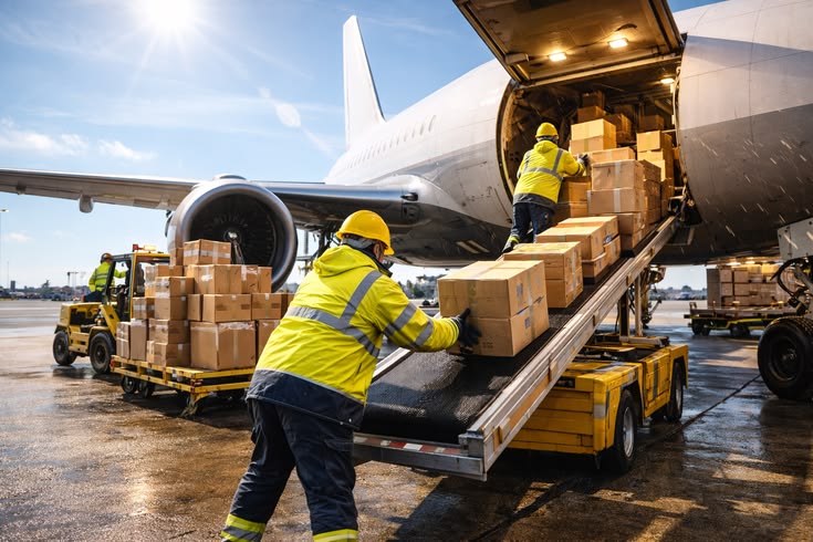 Chargement de cartons dans un avion cargo