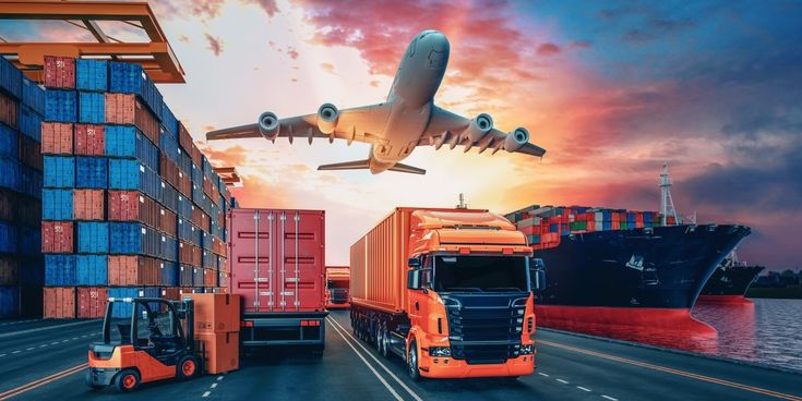 Avion cargo, conteneurs, camions et bateau de fret international
